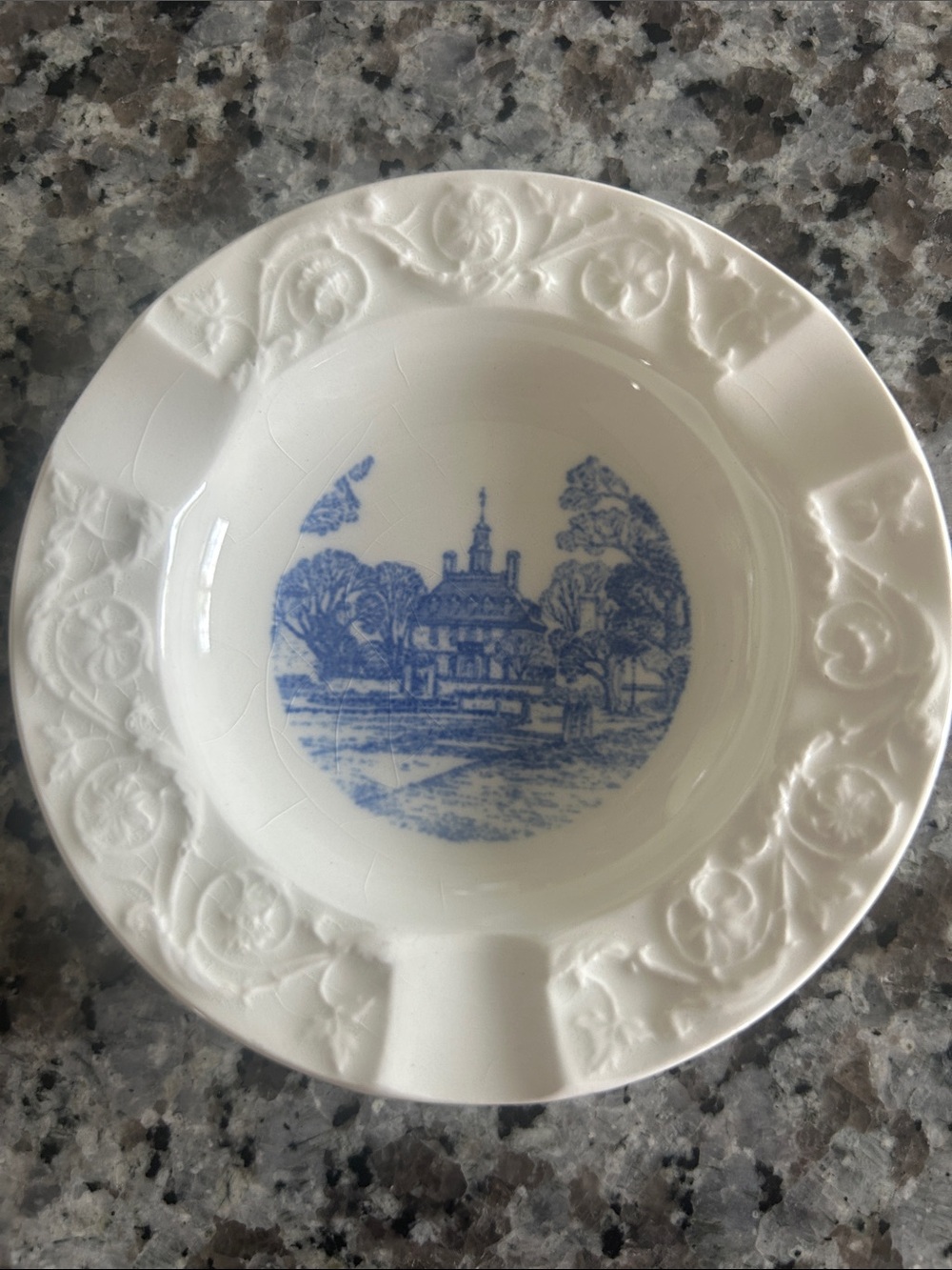 Wedgwood White Ceramic Ashtray with Blue Scenic Transfer Center
